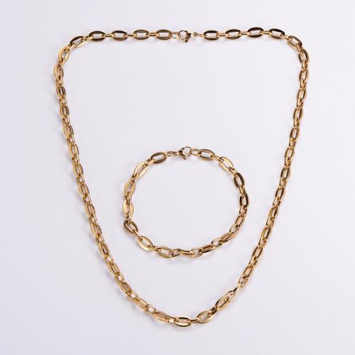 Conjuntos de jóias de aço inoxidável, Bracelete / Pulseira & colar, Aço inoxidável 304, estilo punk & unissex, dourado, Necklace length 55cm,bracelet length 21cm, vendido por Defina