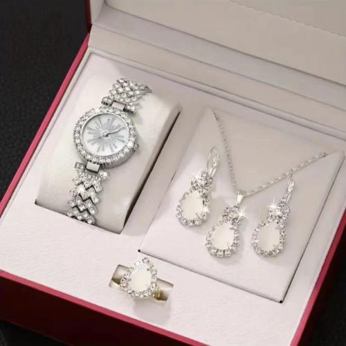 Zinklegering Sieraden Sets, horloge & vinger ring & oorbel & halsketting, Zinc Alloy, Traan, silver plated, 4 stuks & voor vrouw & met strass, nikkel, lood en cadmium vrij, 165x70x110mm, Verkocht door Stel