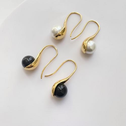 Pendientes de Gota en Latón, metal, con Perlas plásticas, 18K chapado en oro, Joyería & para mujer, más colores para la opción, libre de níquel, plomo & cadmio, 28x10mm, Vendido por Par