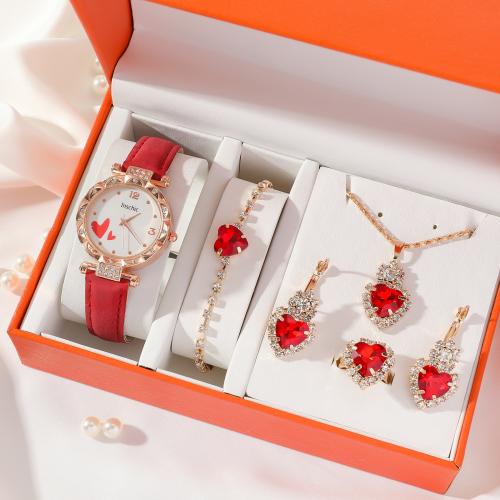 Set gioielli in lega di zinco, orologio & anello dito & Bracciale & orecchino & Collana, lega in zinco, with Quarzo & PU & vetro, Micro spianare cubic zirconia & per la donna, nessuno, 17*11*8cm single package size, Venduto da PC