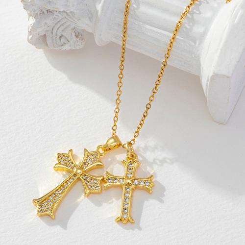 Cubic Zircon Micro Pave Brass Necklace Cross real gold plated micro pave cubic zirconia & for woman golden Sold By PC