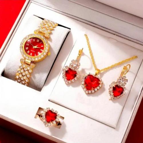 Zinklegering Sieraden Sets, horloge & vinger ring & oorbel & halsketting, Zinc Alloy, gold plated, 4 stuks & met strass, meer kleuren voor de keuze, nikkel, lood en cadmium vrij, 165x70x110mm, Verkocht door Stel