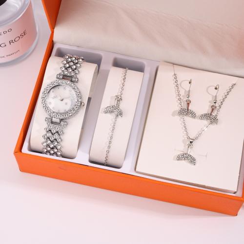 Zinc Alloy Jewelry Sets watch & bracelet & earring & necklace silver color plated 4 pieces & with rhinestone nickel lead & cadmium free Sold By Set