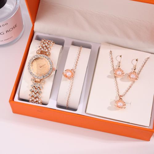 Zinklegering Sieraden Sets, horloge & armband & oorbel & halsketting, Zinc Alloy, met Plastic Pearl, gold plated, 4 stuks & verschillende stijlen voor de keuze & met strass, meer kleuren voor de keuze, nikkel, lood en cadmium vrij, 165x70x110mm, Verkocht door Stel