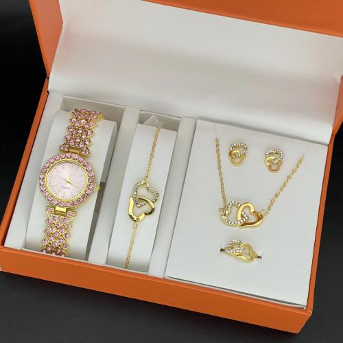 Zinc Alloy Jewelry Sets Stud Earring & watch & finger ring & bracelet & necklace gold color plated 5 pieces & with rhinestone nickel lead & cadmium free Sold By Set