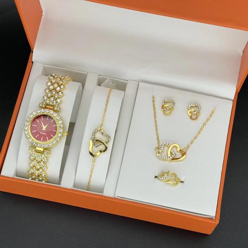 Zinklegering Sieraden Sets, horloge & armband & oorbel & halsketting, Zinc Alloy, gold plated, 4 stuks & verschillende stijlen voor de keuze & glazuur & met strass, meer kleuren voor de keuze, nikkel, lood en cadmium vrij, 165x70x110mm, Verkocht door Stel