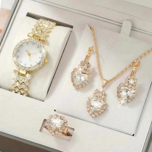 Zinklegering Sieraden Sets, horloge & vinger ring & oorbel & halsketting, Zinc Alloy, gold plated, 5 stuks & verschillende stijlen voor de keuze & met strass, nikkel, lood en cadmium vrij, 165x70x110mm, Verkocht door Stel