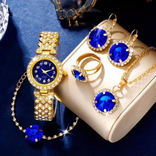 Zinklegering Sieraden Sets, horloge & vinger ring & armband & oorbel, Zinc Alloy, Ronde, gold plated, 5 stuks & voor vrouw & met strass, blauw, nikkel, lood en cadmium vrij, 165x70x110mm, Verkocht door Stel