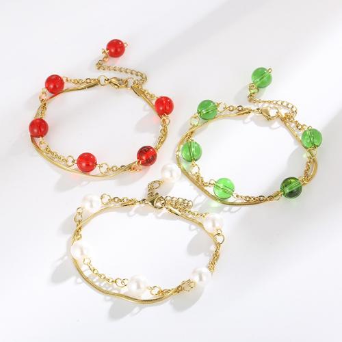 Bracciale gioielli in acciaio inossidabile, 304 acciaio inox, with Perle di vetro, placcato color oro, Doppio strato & gioielli di moda & per la donna, nessuno, assenza di nichel,piombo&cadmio, Lunghezza Appross. 160 mm, Venduto da PC