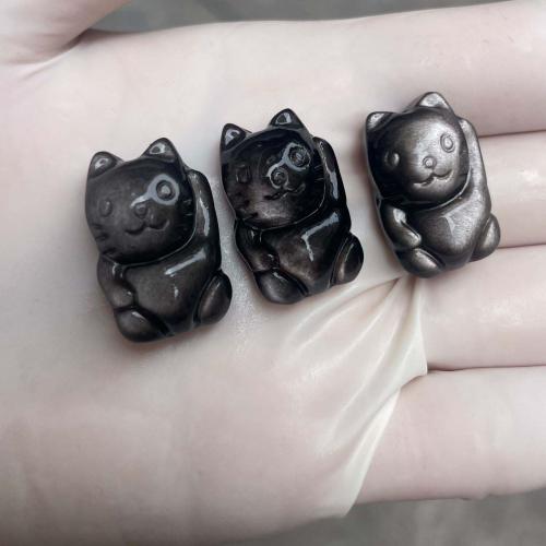 Perles bijoux en pierres gemmes, Argent-Obsidienne, Fortune Cat, DIY, noire, 14x21.50mm, Vendu par PC