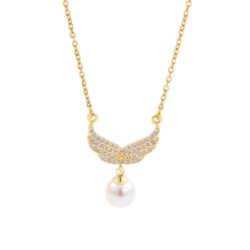 Titanium Steel Necklace with Plastic Pearl & Brass with 5cm extender chain Vacuum Ion Plating fashion jewelry & for woman & with rhinestone golden Length Approx 40 cm Sold By PC