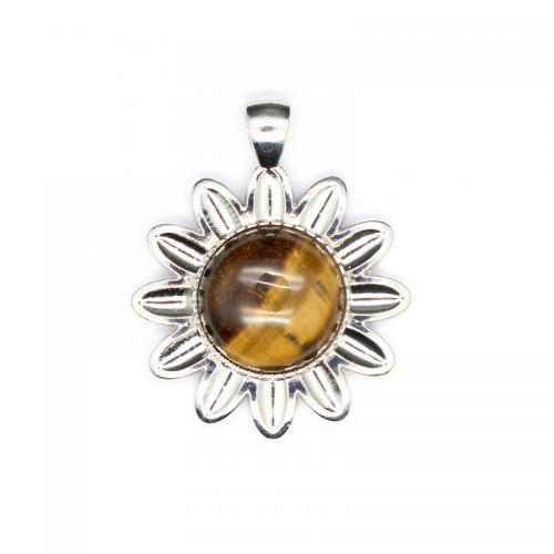 Gemstone Pendants Jewelry Natural Stone with Brass Flower silver color plated DIY Sold By PC