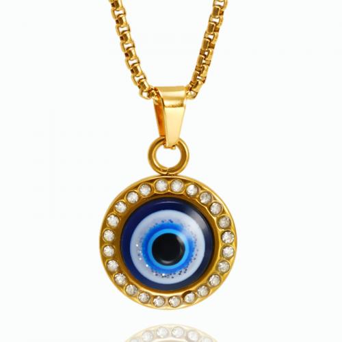 Evil Eye smykker halskæde, 304 rustfrit stål, med 5CM extender kæde, Runde, forgyldt, mode smykker & onde øje mønster & emalje & med rhinestone, flere farver til valg, 18x22mm, Længde 45 cm, Solgt af PC