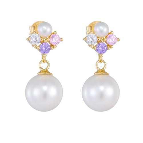 Pendientes de Micro Pavé de Zirconía Cúbica en Plata de Ley, plata de ley 925, con Shell Pearl, chapado, micro arcilla de zirconia cúbica & para mujer, más colores para la opción, Vendido por Par