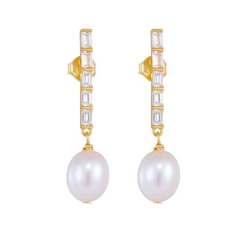 Pendientes de Micro Pavé de Zirconía Cúbica en Plata de Ley, plata de ley 925, con Perlas cultivadas de agua dulce, chapado, micro arcilla de zirconia cúbica & para mujer, más colores para la opción, Vendido por Par