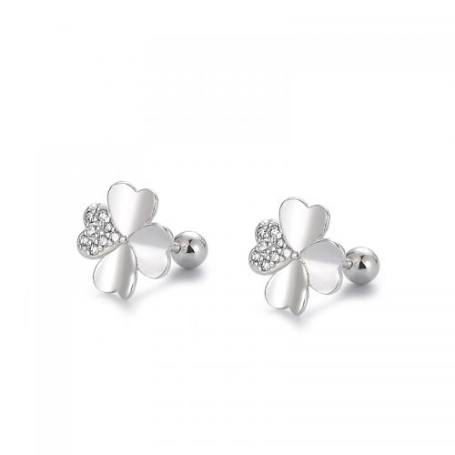 925 Sterling Sølv Stud Earring, Four Leaf Clover, for kvinde & med rhinestone, sølv, 7.50mm, Solgt af par