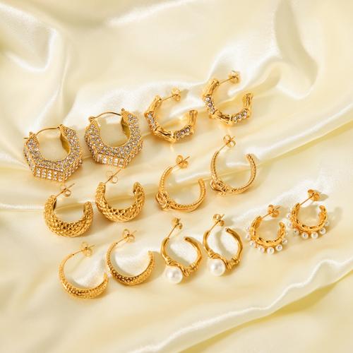 Stainless Steel Stud Earrings 304 Stainless Steel 18K gold plated & for woman & with rhinestone golden Sold By Pair