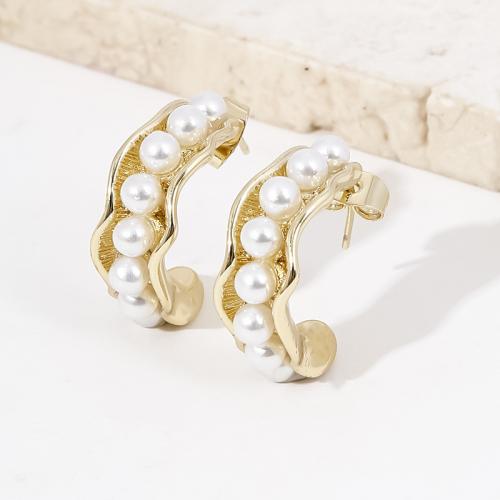 Brass Stud Earring with Plastic Pearl plated for woman golden Sold By Pair