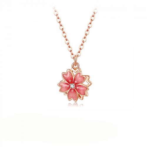 Collier en laiton cubique Zircon Micro Pave, avec 1.97inch chaînes de rallonge, fleur, Plaqué de couleur d'or rose, bijoux de mode & pavé de micro zircon & pour femme & émail, protéger l'environnement, sans nickel, plomb et cadmium, Longueur Environ 15.75 pouce, Vendu par PC