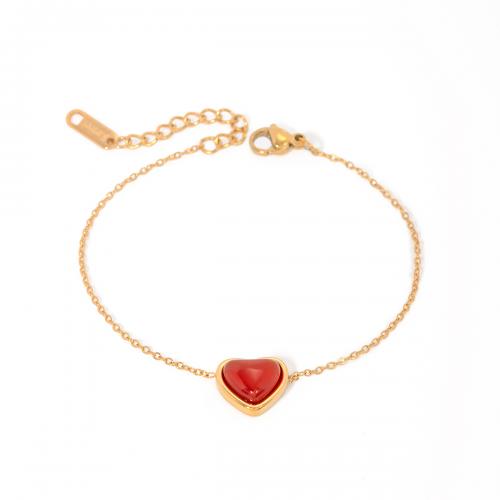 Stainless Steel Jewelry Bracelet 304 Stainless Steel with Red Agate with 5cm extender chain Heart 18K gold plated fashion jewelry & for woman golden 11mm Length Approx 16.5 cm Sold By PC