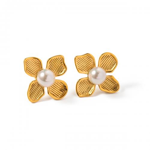 Orecchini in acciaio inossidabile, 304 acciaio inox, with Shell Pearl, Fiore, Placcato oro 18K, gioielli di moda & per la donna, dorato, 18.60mm, Venduto da coppia