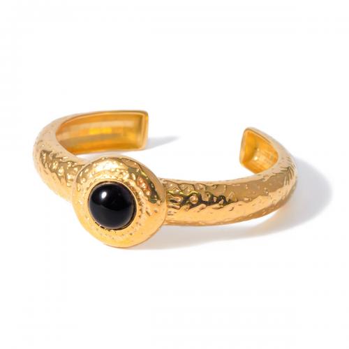 Rostfritt stål Armring, 304 rostfritt stål, med Svart agat, 18K guldpläterad, mode smycken & för kvinna, gyllene, Innerdiameter:Ca 60mm, Säljs av PC