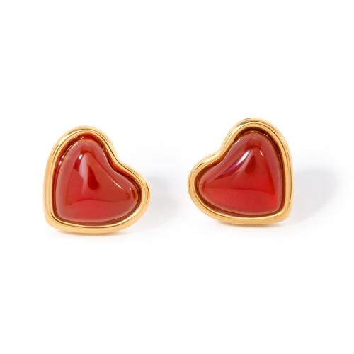 Stainless Steel Stud Øreringe, 304 rustfrit stål, med Red Agate, Heart, 18K forgyldt, mode smykker & for kvinde, gylden, 11x12mm, Solgt af par