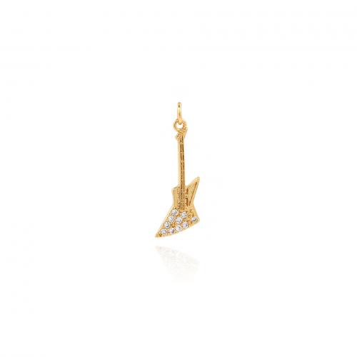 Μενταγιόν Cubic Zirconia (CZ) Brass, Ορείχαλκος, με Cubic Zirconia, Κιθάρα, χρώμα επίχρυσο, DIY, νικέλιο, μόλυβδο και κάδμιο ελεύθεροι, 30x10x1.80mm, Sold Με PC