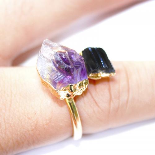 Messing Fingerring, mit Schörl & Amethyst, Herz, goldfarben plattiert, Modeschmuck & für Frau, gemischte Farben, frei von Nickel, Blei & Kadmium, inner diameter:17~20mm, verkauft von PC