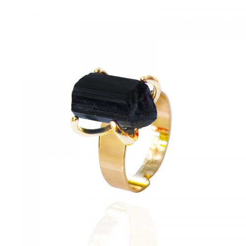 Messing ringen, met Schorl, Onregelmatige, gold plated, Verstelbare & mode sieraden & voor vrouw, zwart, nikkel, lood en cadmium vrij, inner diameter:17~20mm, Verkocht door PC