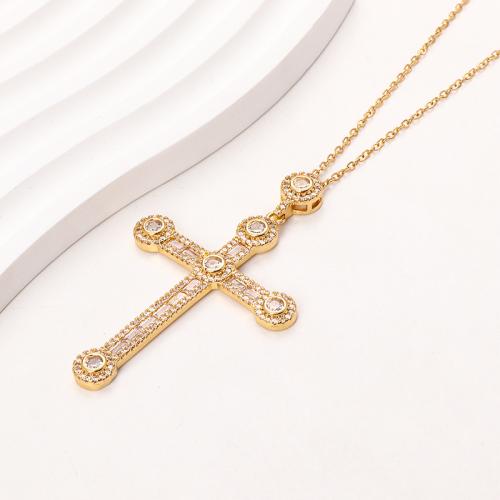 Collier en laiton cubique Zircon Micro Pave, croix, Placage, pavé de micro zircon & pour femme, doré, Longueur Environ 41-50 cm, Vendu par PC