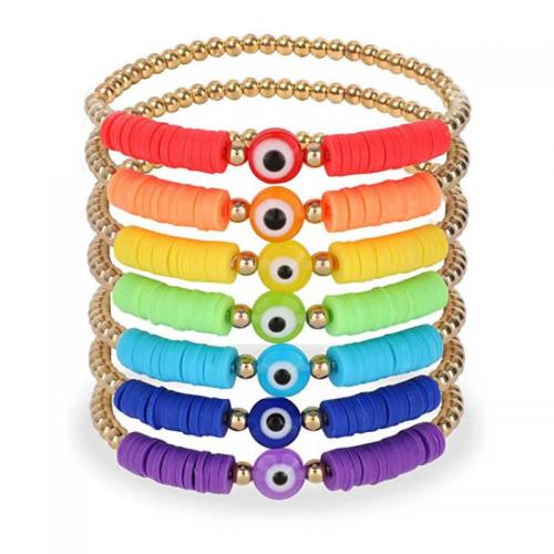 Bracelet Evil Eye bijoux, argile de polymère, avec résine & laiton, Plat rond, Placage de couleur d'or, bijoux de mode & unisexe, couleurs mélangées, Longueur Environ 18 cm, 7PC/fixé, Vendu par fixé