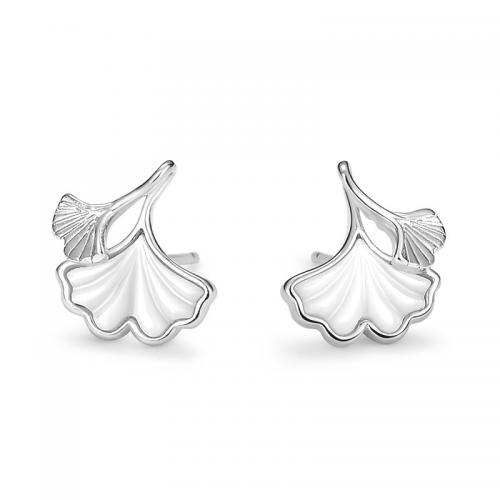 Sterling zilver sieraden oorbellen, 925 sterling zilver, met White Shell, Ginkgo Leaf, plated, mode sieraden & voor vrouw, meer kleuren voor de keuze, nikkel, lood en cadmium vrij, 10.50x11mm, Verkocht door pair