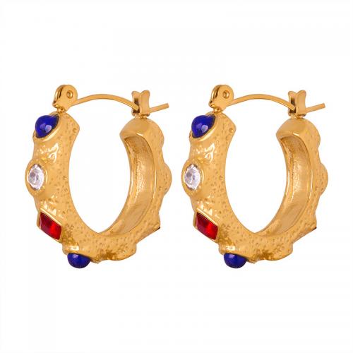 Pendiente de acero de titanio, Partículas de acero, con turquesa & cúbica circonia & Vidrio, 18K chapado en oro, Joyería & para mujer, dorado, 20x23mm, Vendido por Par