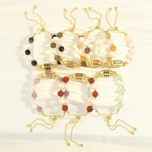 Pulseras de latón, metal, con Piedras preciosas & Perlas cultivadas de agua dulce, chapado en color dorado, Ajustable & micro arcilla de zirconia cúbica & para mujer, dorado, libre de níquel, plomo & cadmio, 17mm, longitud aproximado 16-22 cm, Vendido por UD