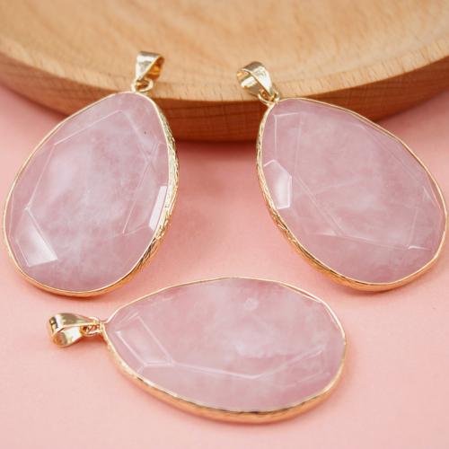 Μενταγιόν Φυσικό χαλαζία, Rose Quartz, Teardrop, χρώμα επίχρυσο, DIY, ροζ, 30x45mm, Sold Με PC