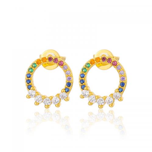 Boucles d'oreilles en laiton zircon cubique pavent, Rond, Placage de couleur d'or, bijoux de mode & pavé de micro zircon & pour femme, couleurs mélangées, protéger l'environnement, sans nickel, plomb et cadmium, 10x11mm, Vendu par paire