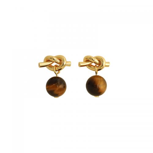 925 Sterling Sølv Drop Earring, med Tiger Eye, Runde, guldfarve belagt, Koreansk stil & for kvinde, 10.30x16mm, Solgt af par