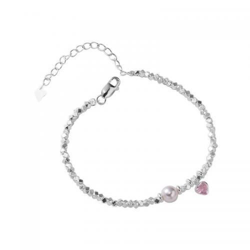 925 Sterling Sølv Armbånd, med Glass Pearl, med 1.2inch extender kæde, Heart, Koreansk stil & Micro Pave cubic zirconia & for kvinde, flere farver til valg, Længde Ca. 6.3 inch, Solgt af PC