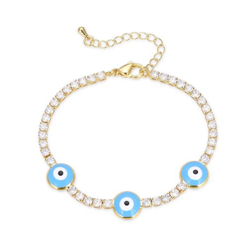 Bracelet Evil Eye bijoux, laiton, Placage de couleur d'or, bijoux de mode & motif de mauvais œil & pavé de micro zircon & pour femme & émail, plus de couleurs à choisir, protéger l'environnement, sans nickel, plomb et cadmium, Longueur Environ 17.5 cm, Vendu par PC