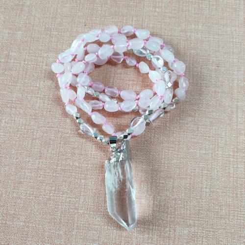 Collier de quartz, quartz rose, avec quartz clair & laiton, Placage de couleur argentée, bijoux de mode & pour femme, couleurs mélangées, Longueur Environ 80 cm, Vendu par PC