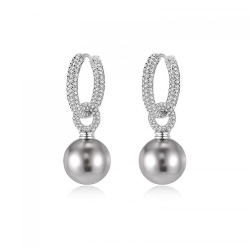 Boucles d'oreilles en laiton zircon cubique pavent, Placage, styles différents pour le choix & pavé de micro zircon & pour femme, argent, About 3.2cm long, pearl 1.2cm, ear buckle inner diameter 1.3cm, Vendu par paire