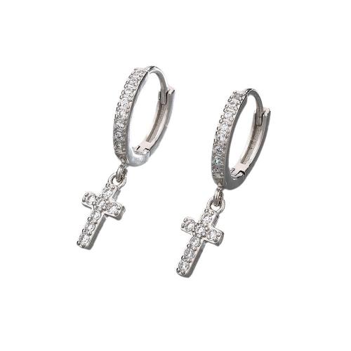 Boucles d'oreilles en laiton zircon cubique pavent, croix, Placage, pavé de micro zircon & pour femme, plus de couleurs à choisir, About 10 * 6 mm cross, 11 mm diameter, Vendu par paire