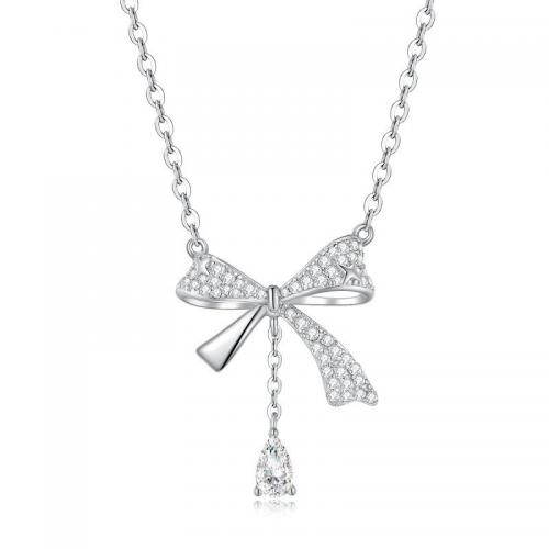 Kubieke Zircon Micro effenen Sterling zilveren ketting, 925 Sterling Zilver, met 6CM extender keten, Strik, plated, micro pave zirconia & voor vrouw, platina kleur, Lengte Ca 41 cm, Verkocht door PC