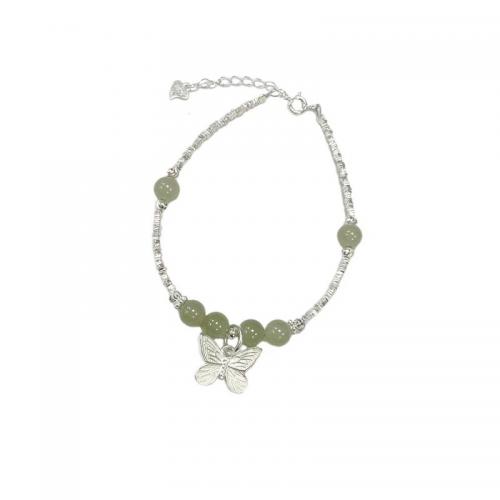 925 prata esterlina pulseira, with Hetian Jade, with 1.2inch extender chain, Borboleta, joias de moda & para mulher, comprimento Aprox 6.3 inchaltura, vendido por PC