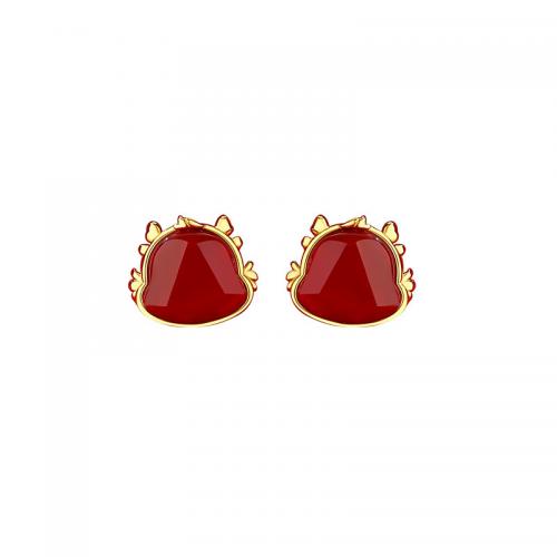 925 Sterling Sølv Stud Earring, med Red Agate, Drage, guldfarve belagt, mode smykker & for kvinde, 9.40x8.40mm, Solgt af par