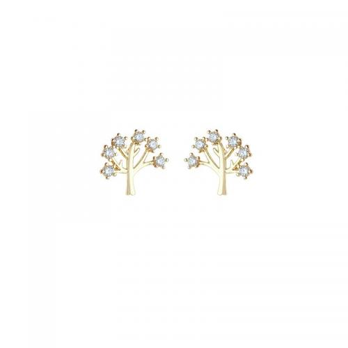 925 Sterling Sølv Stud Earring, Tree, guldfarve belagt, Micro Pave cubic zirconia & for kvinde, 9x8.50mm, Solgt af par