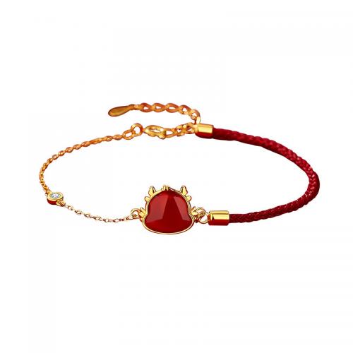 925 Sterling Sølv Armbånd, med Terylene Cord & Red Agate, med 1.6inch extender kæde, Drage, guldfarve belagt, mode smykker & for kvinde, Længde Ca. 6.3 inch, Solgt af PC