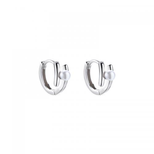 925 Sterling Silver Huggie Hoop Earring, med Plast Pearl, platinerade, mode smycken & för kvinna, 7.80mm, Säljs av Par