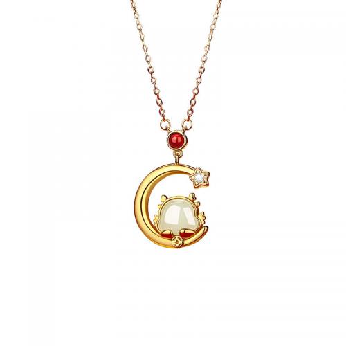 Argent sterling 925 collier, avec Hetian Jade & agate rouge, avec 2inch chaînes de rallonge, dragon, Placage de couleur d'or, chaîne ovale & pavé de micro zircon & pour femme, Longueur Environ 15.7 pouce, Vendu par PC